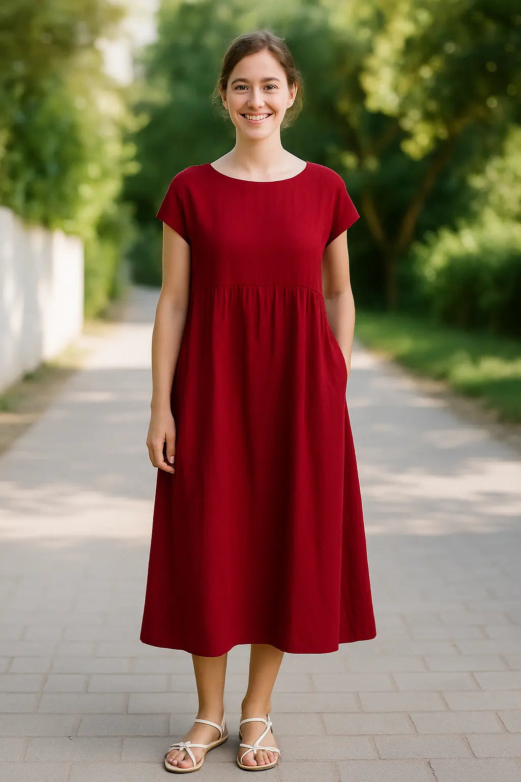 Dames Midi Jurk, Elegante Effen Kleur Met Korte Mouwen, O-Hals En Zakken | VIQA VIQA© NEDERLAND