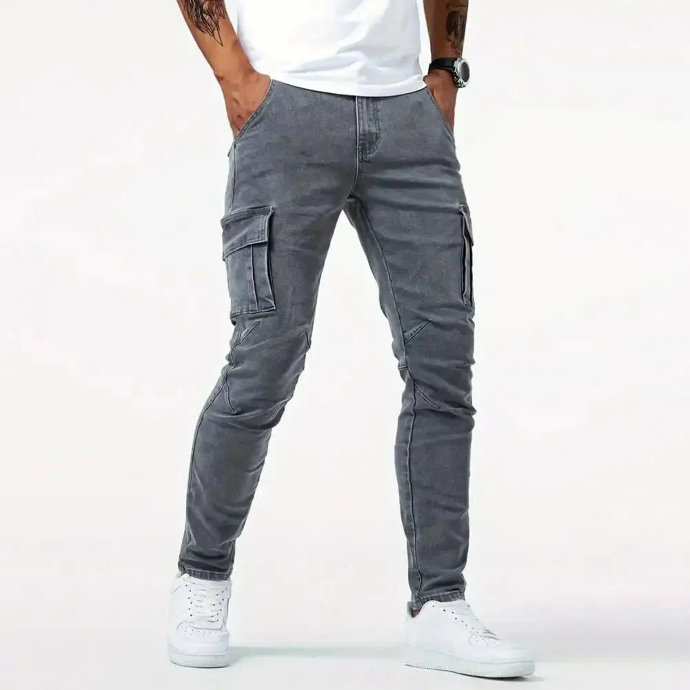 Heren Slim Fit Denim Cargo Jeans Met Meerdere Zakken VIQA© NEDERLANDGrijs-36