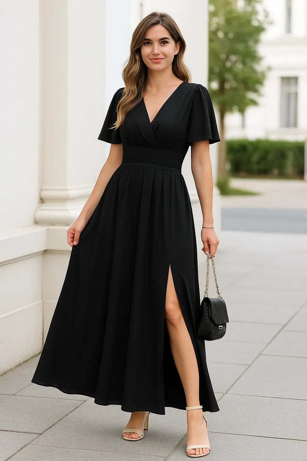 Dames Elegante V-hals Maxi Jurk, Zomer Korte Mouwen Hoge Taille Slank Fit Casual Jurk| VIQA VIQA© NEDERLAND