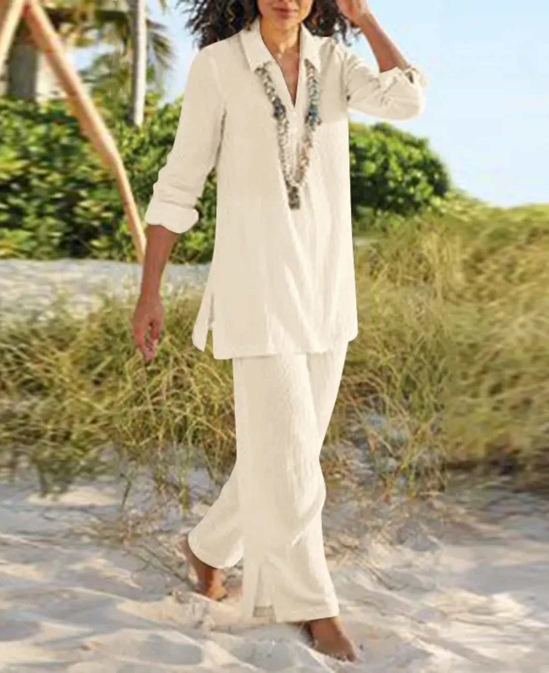 Dames Tweedelige Katoenen Linnen Set VIQA© NEDERLANDWit-2XL