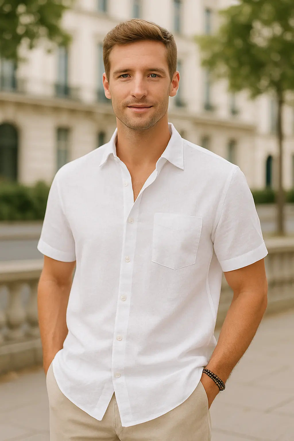 Heren Katoenen Linnen Shirt Met Korte Mouwen, Zomerse Casual Strandkleding, Effen Kleur Gedraaide Kraag | VIQA VIQA© NEDERLAND