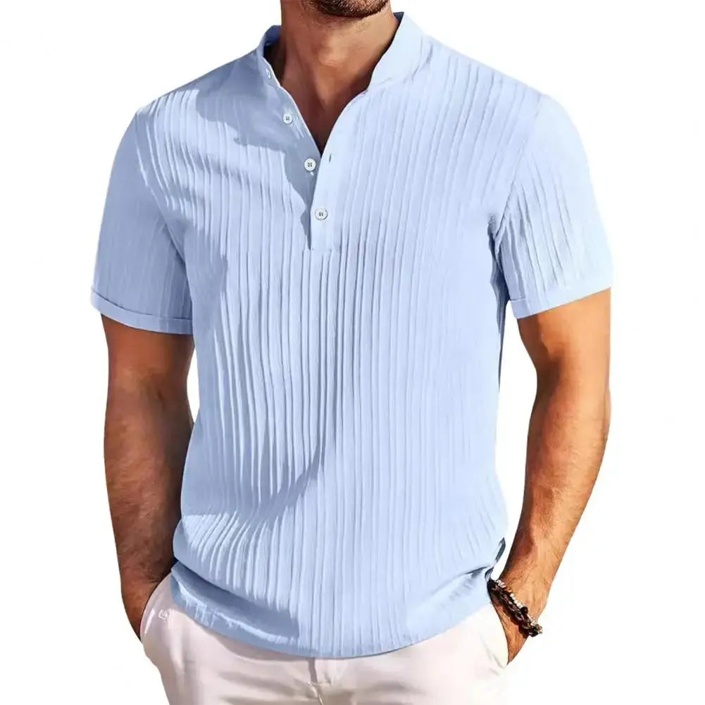 Heren Geborduurd Gestreept Katoenen Henry Overhemd VIQA© NEDERLAND