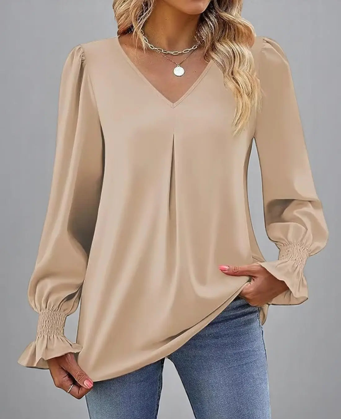 Kristina Dames Zomer V-Hals Blouse Met Lange Mouwen VIQA© NEDERLANDBeige-2XL