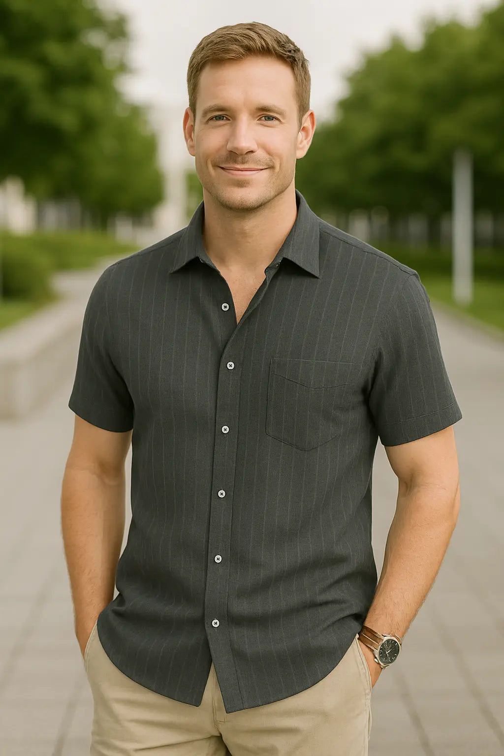 Heren Linnen Shirt, Zomerse Gestreepte Jacquard Met Korte Mouwen, Casual Effen Kleur, Comfortabele Pasvorm | VIQA VIQA© NEDERLAND