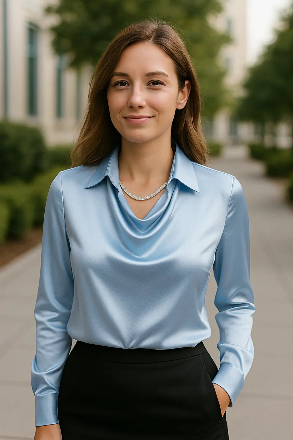 Dames Satijn Lange Mouw Shirt, Los Fit Kapsel Kraag Blouse, Effen Kleur Elegante Dagelijkse Top | VIQA VIQA© NEDERLANDBlauw / 2XL