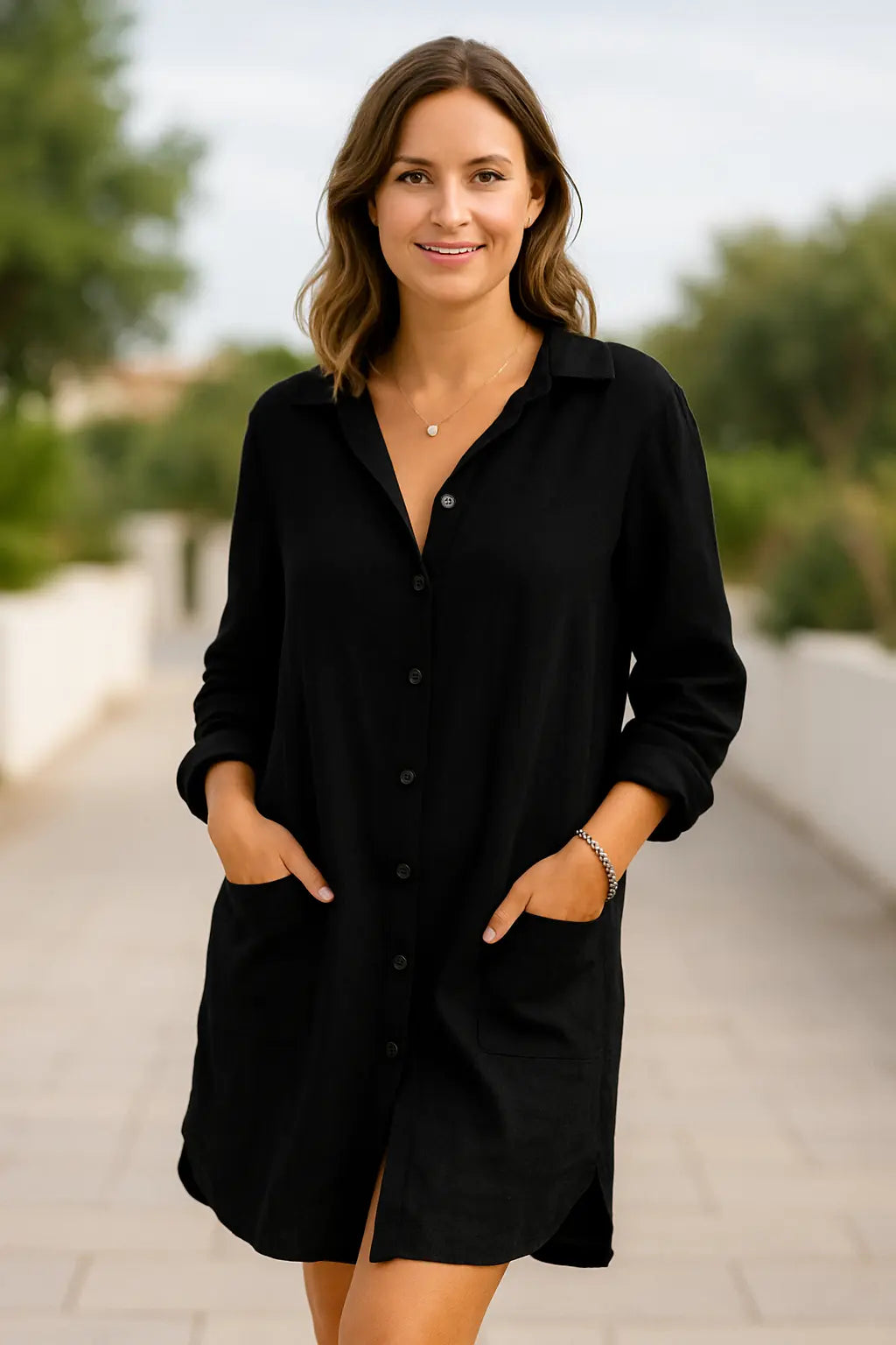 Dames Katoen Linnen Lange Overhemd Jurk, Multi-knoop Vest Top | VIQA VIQA© NEDERLAND