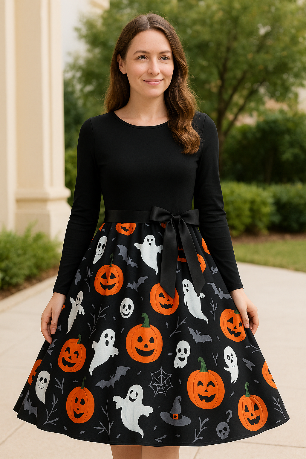 Dames Halloween Jurk, Lange Mouwen O-Hals Casual Zwarte Pompoen Print Feestjurk | VIQA VIQA© NEDERLAND