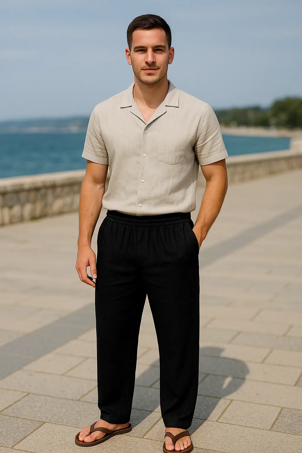 Heren Zomerbroek, Effen Kleur Katoenmix Casual Lange Broek, Los Ademend Strandgoed | VIQA VIQA© NEDERLAND