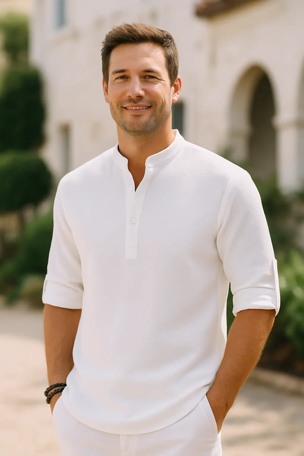 Heren Katoenen Linnen Overhemd, Lange Mouwen Effen Kleur Casual Strand Top Met Staande Kraag | VIQA VIQA© NEDERLAND