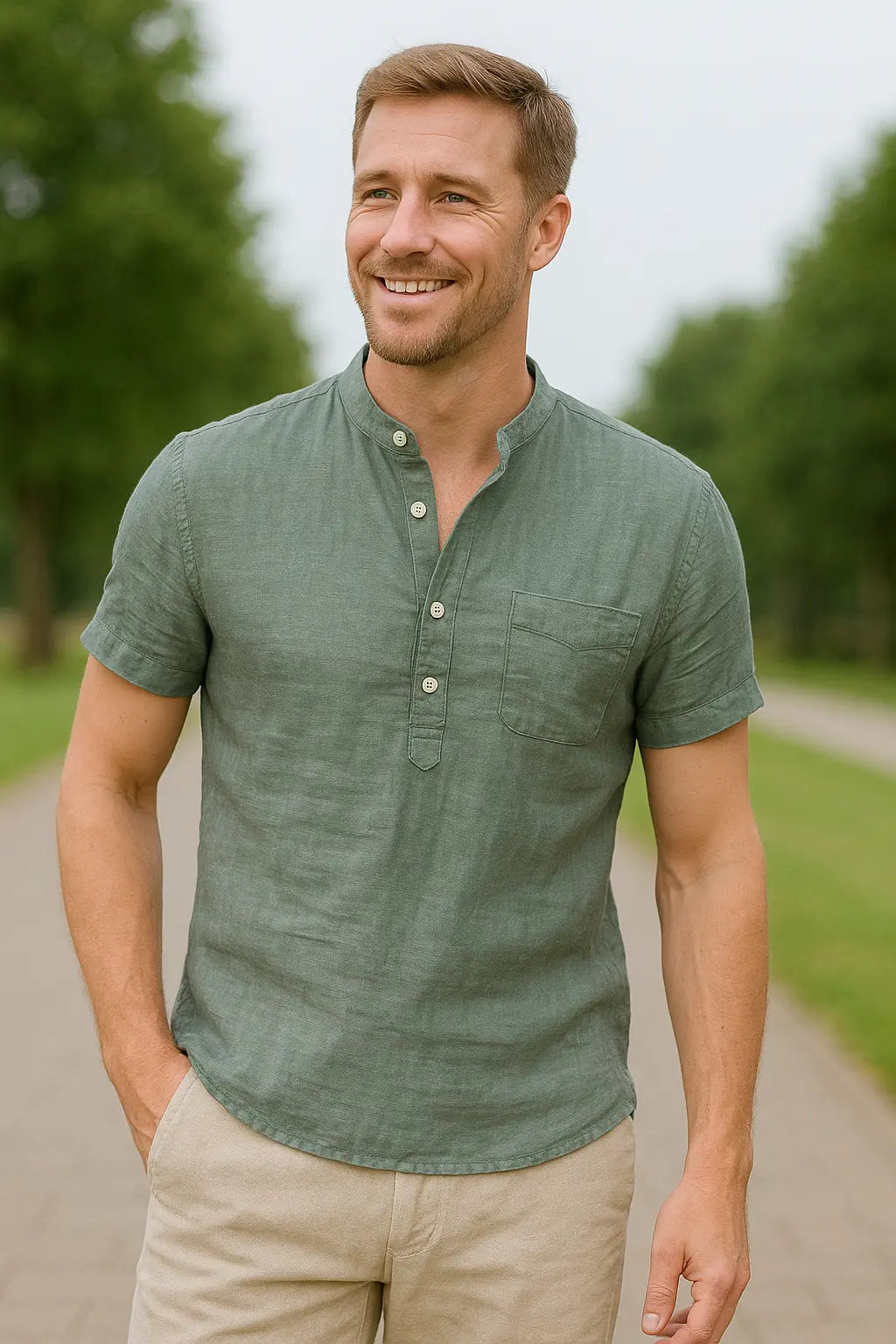 Heren Linnen Katoenen Henley Shirt, Korte Mouw Effen Kleur Strandkleding, Casual Street Style | VIQA VIQA© NEDERLAND