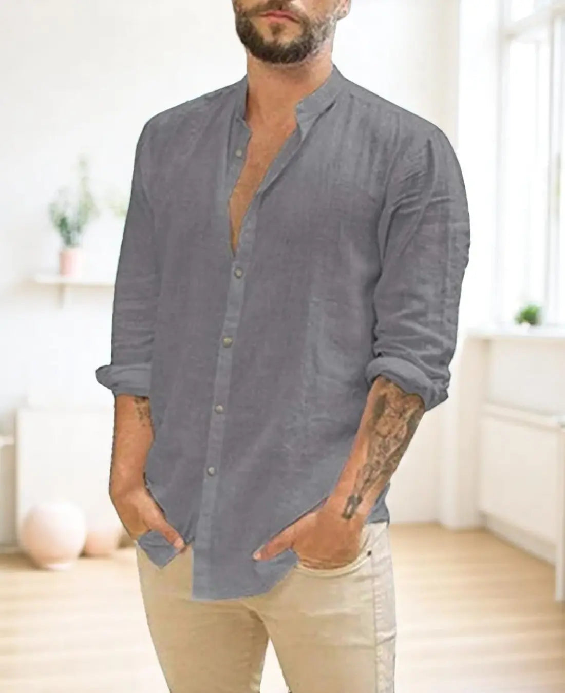 Casual Heren Katoen Overhemd Met Lange Mouwen VIQA© NEDERLANDGrijs-2XL