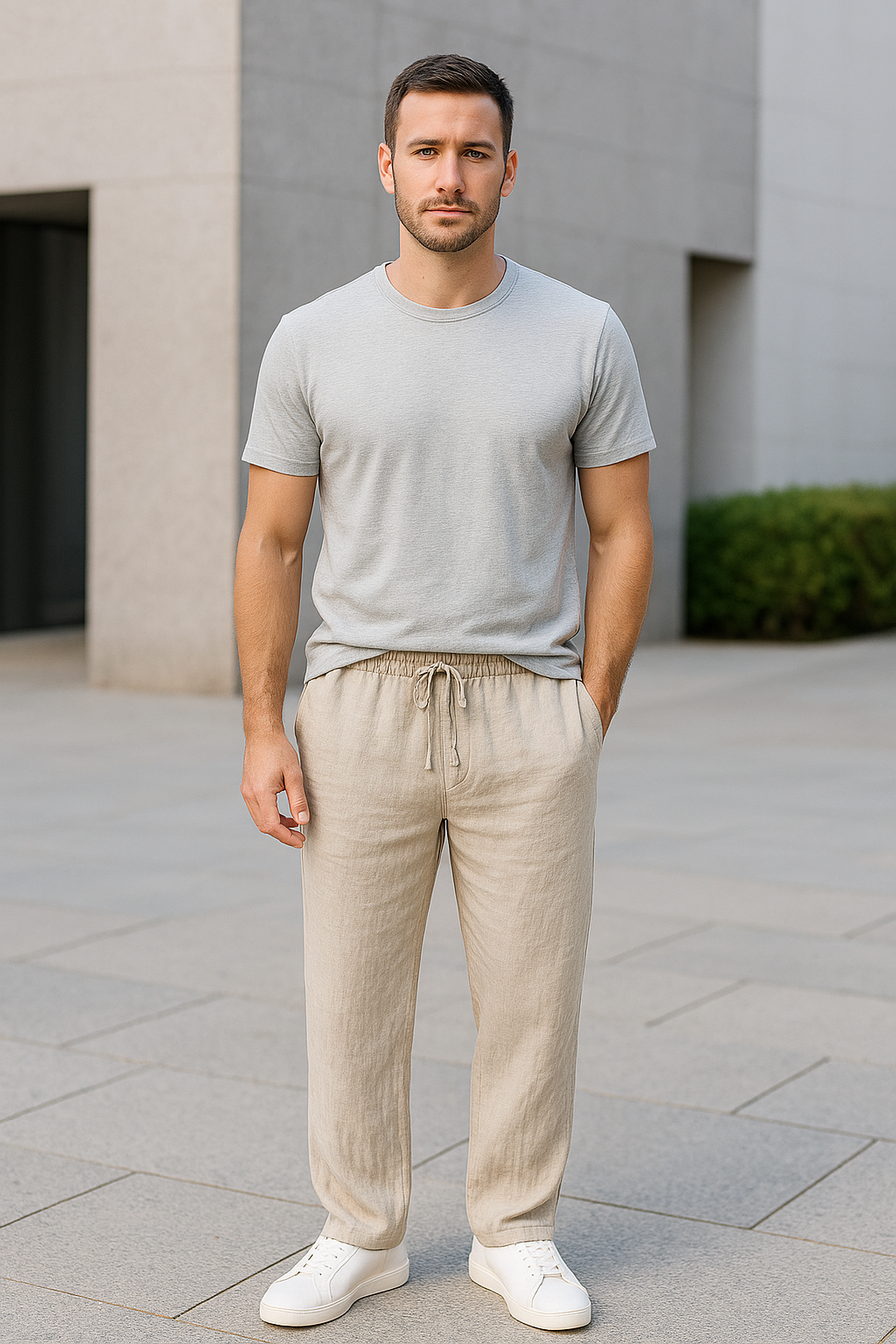 Herenbroek Van Katoen En Linnen, Effen Minimalistische Casual Broek Met Trekkoord En Rechte Pijpen | VIQA VIQA© NEDERLAND