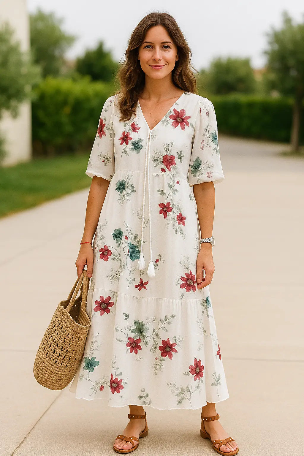 Dames Maxi Zomer V-Hals Bedrukte Jurk, Casual Losse Lange Mouwen Koord Stijl | VIQA VIQA© NEDERLAND