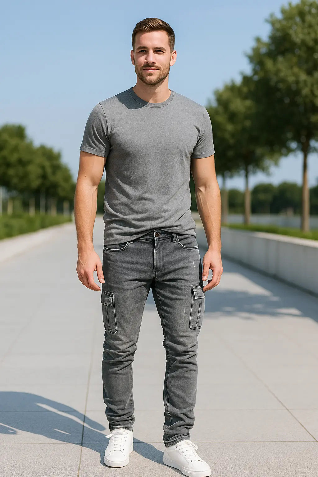 Heren Slim Fit Denim Cargo Broek, Stretch Skinny Jeans Met Zakken, Stijlvolle Casual Taps Toelopende Pasvorm | VIQA VIQA© NEDERLANDGrijs-2XL