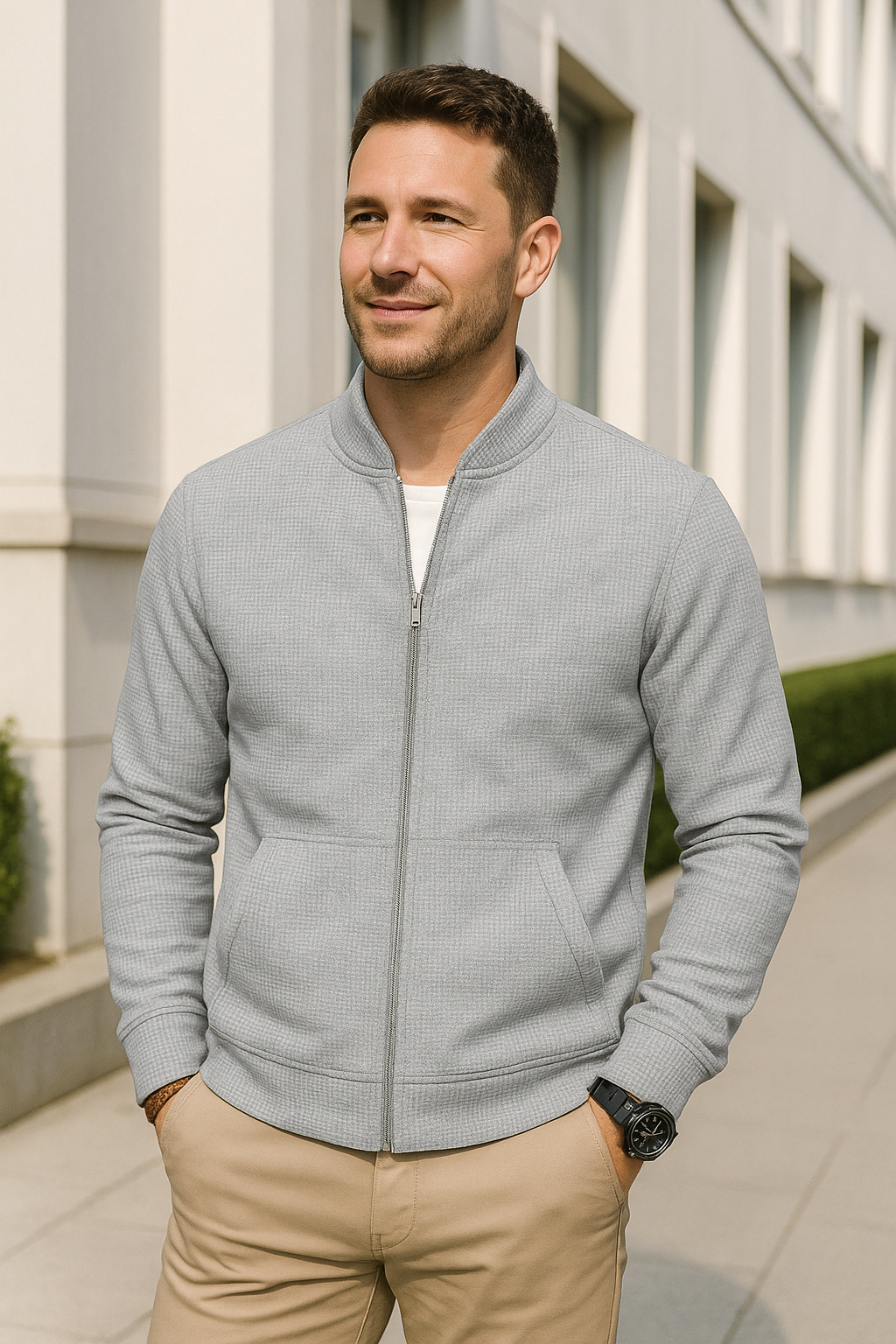 Slim Pasvorm Herenvest, Wafelpatroon, Oslagkraag, Lange Mouwen, Sportieve Stijl En Zak Met Ritssluiting | VIQA VIQA© NEDERLAND