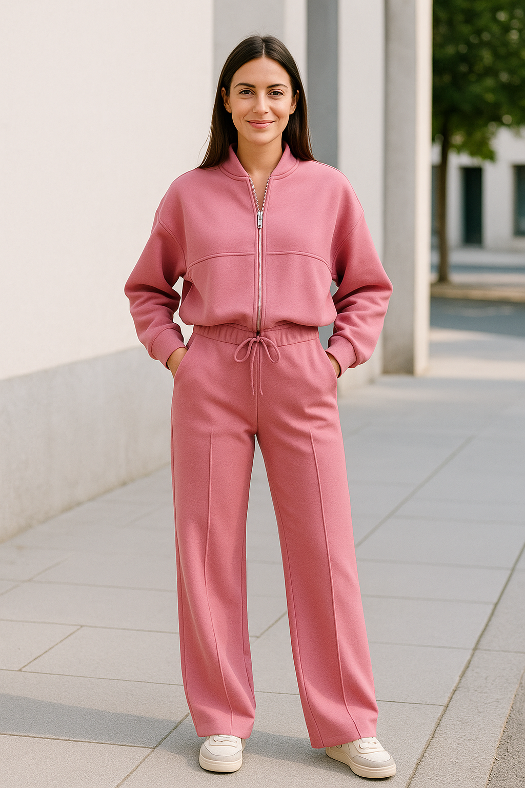 Tweedelige Rrainingspak Set Voor Dames, Sweatshirtjas Met Rits En Broek Met Wijde Pijpen En Trekkoord, Casual Sportkleding Outfit | VIQA VIQA© NEDERLAND