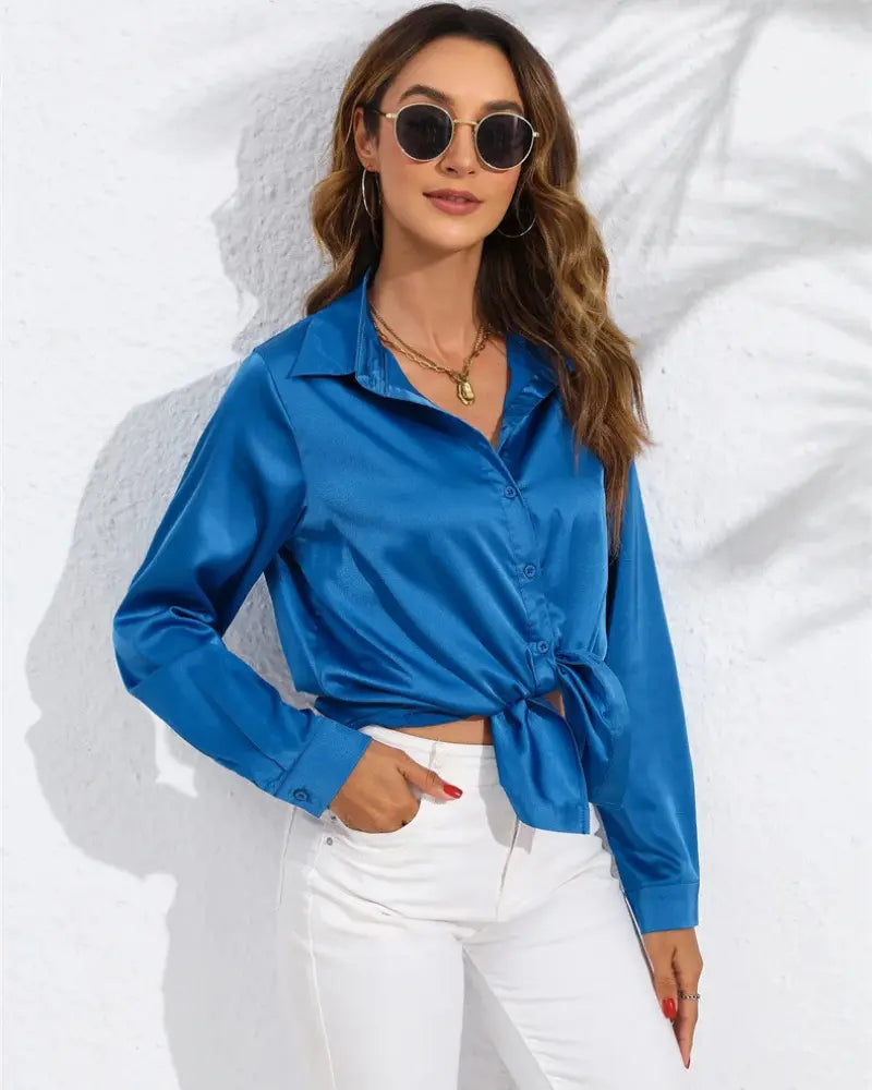 Dames Satijnen Luxe Blouse Shirt Met Lange Mouwen VIQA© NEDERLANDBlauw-XXL