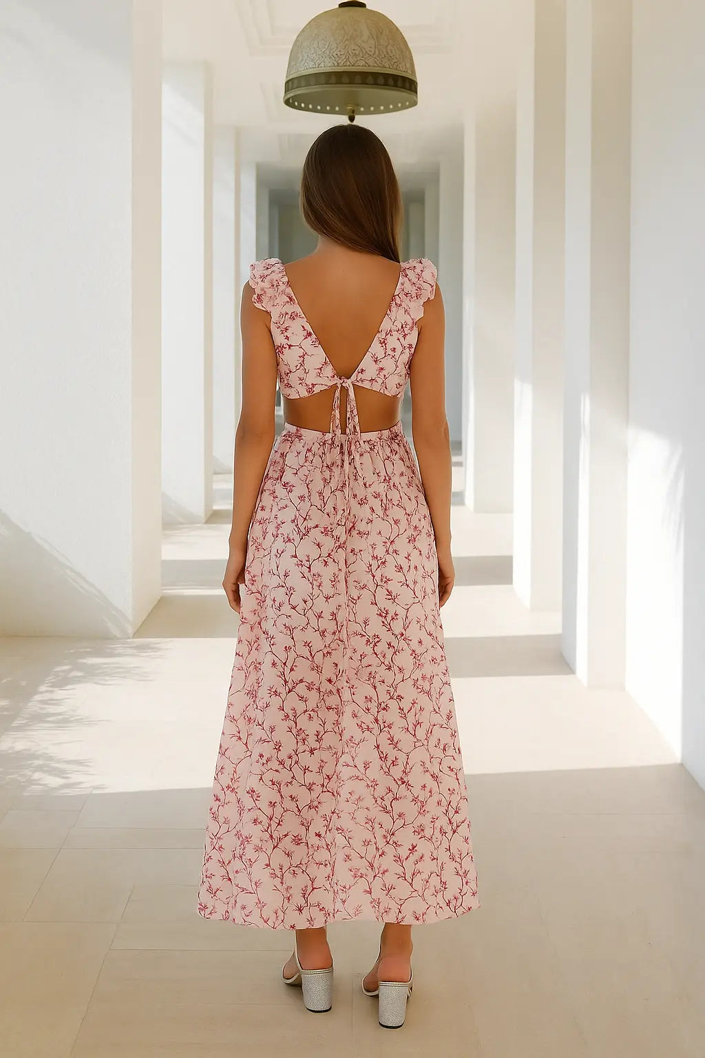 Dames Zomer Maxi Jurk, Diepe V-Hals Slim Fit Met Ruches, Open Rug Bloemige Vakantie Look | VIQA VIQA© NEDERLAND