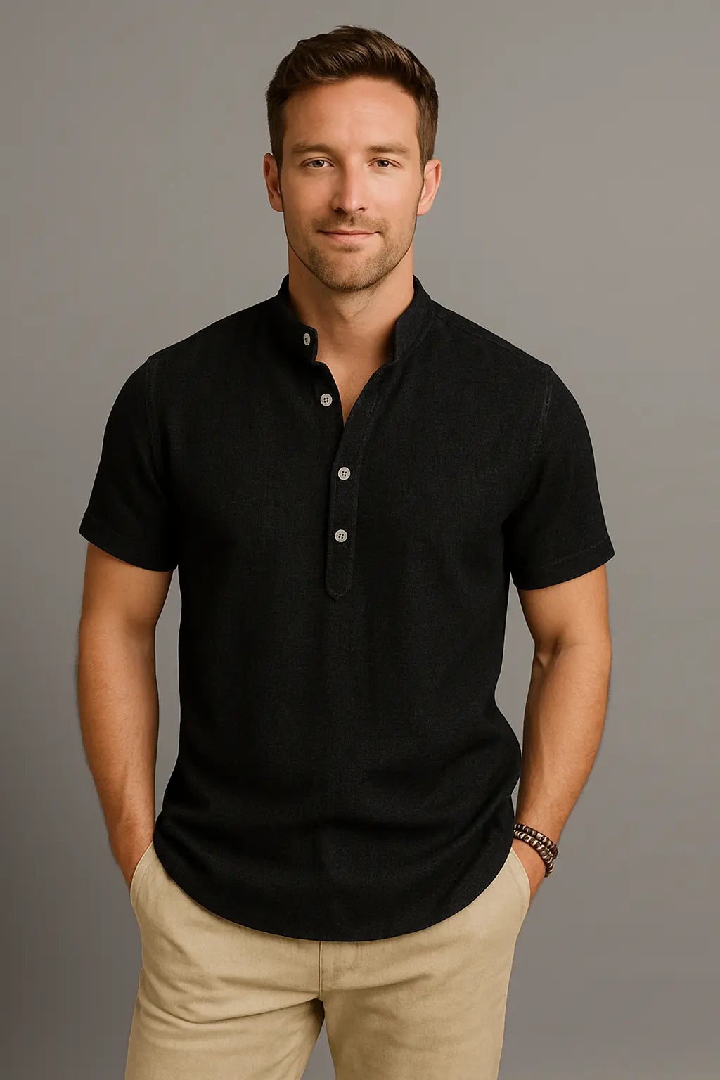 Roy Heren Ademend Zomer Linnen Vakantie T-Shirt Met Knoopsluiting VIQA© NEDERLANDZwart-2XL