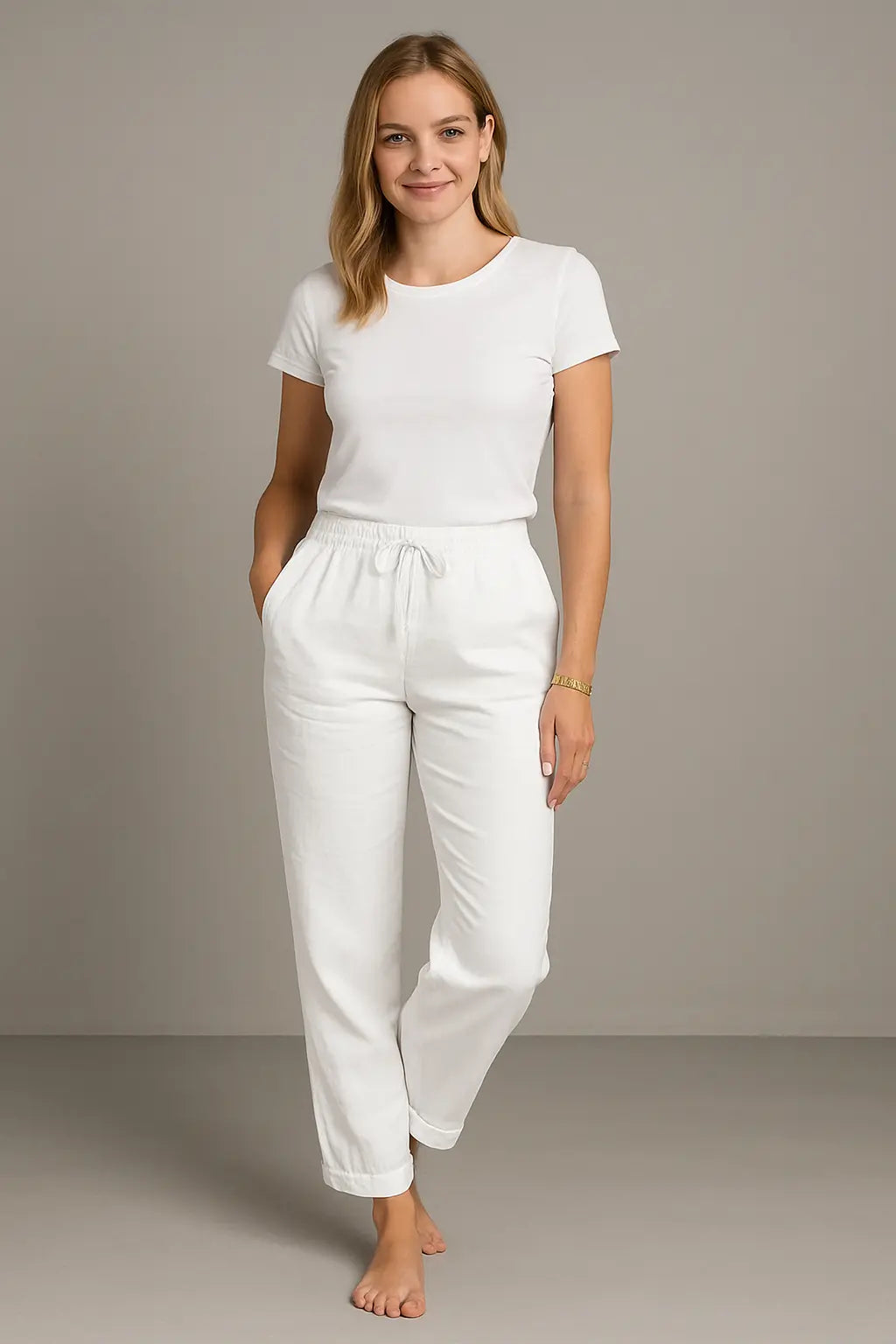 Eva Dames Zomer Linnen Ademend Comfort Broek VIQA© NEDERLANDWit-2XL