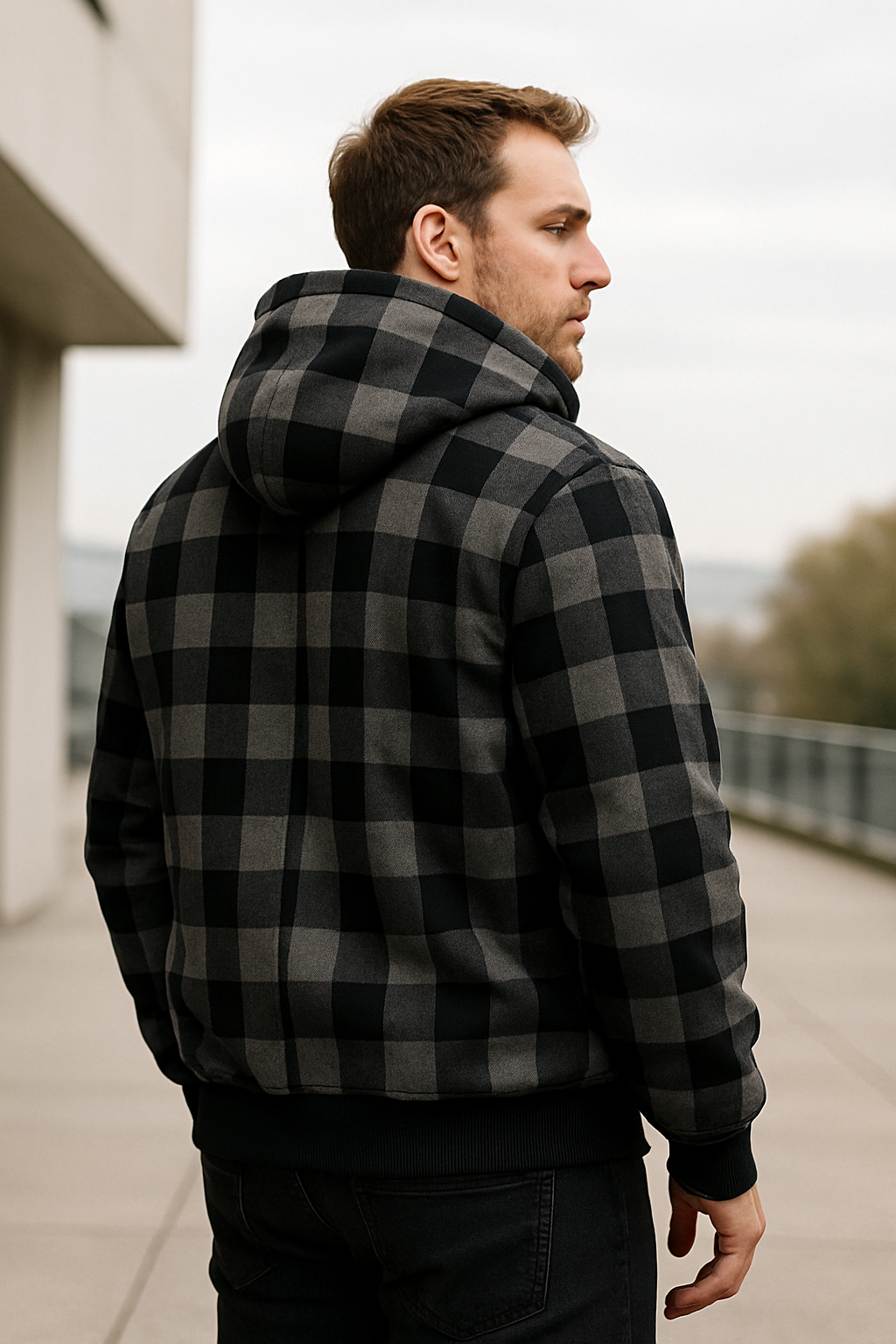 Herenvest met capuchon van lamswol, geruit fleece Zip-Up winters warm jack bovenkleding VIQA VIQA© NEDERLAND