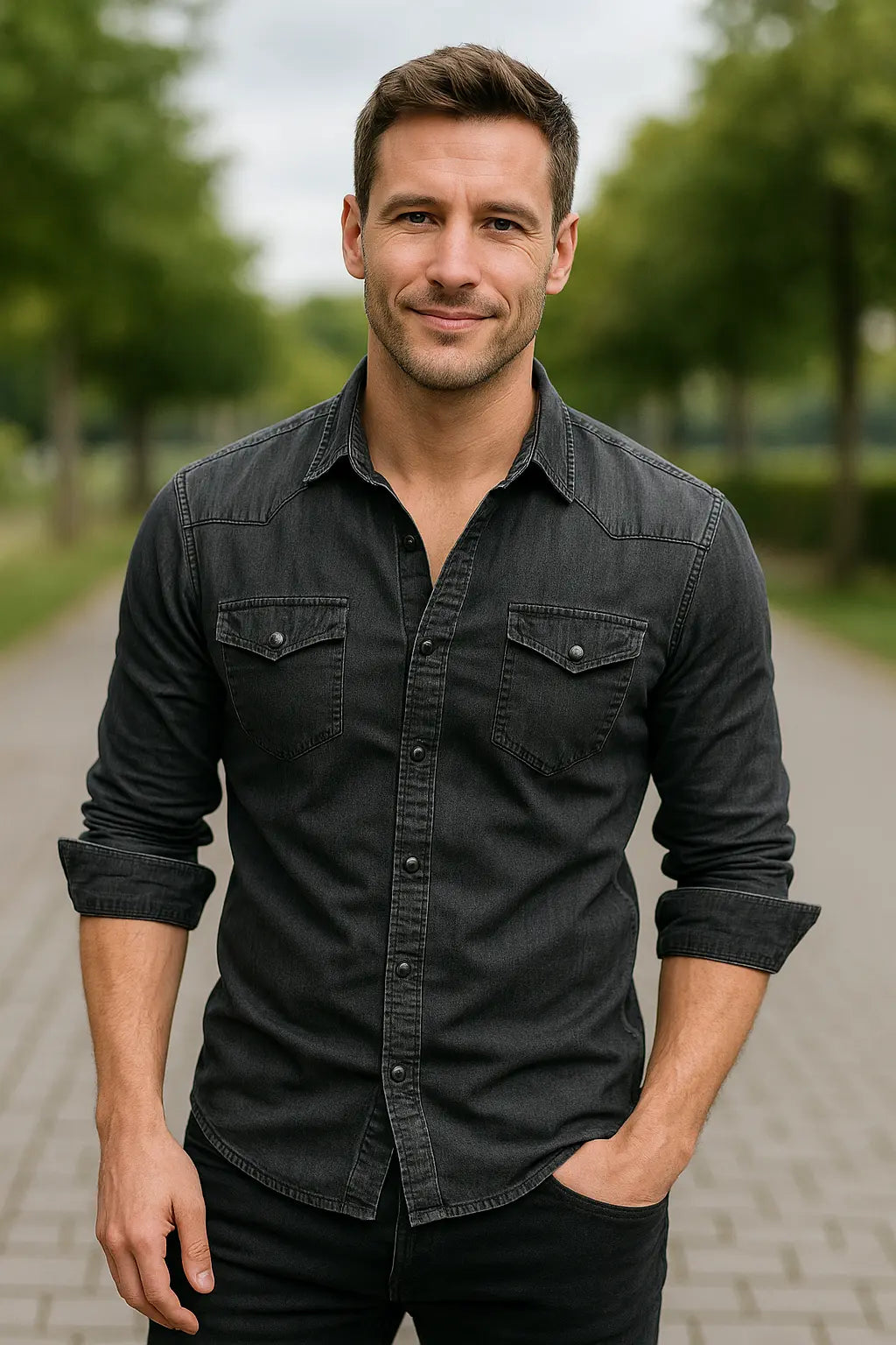 Heren Denim Shirt, Slim Fit Lange Mouw Top, Vrijetijdskleding Met Zakken | VIQA VIQA© NEDERLANDGrijs / 2XL