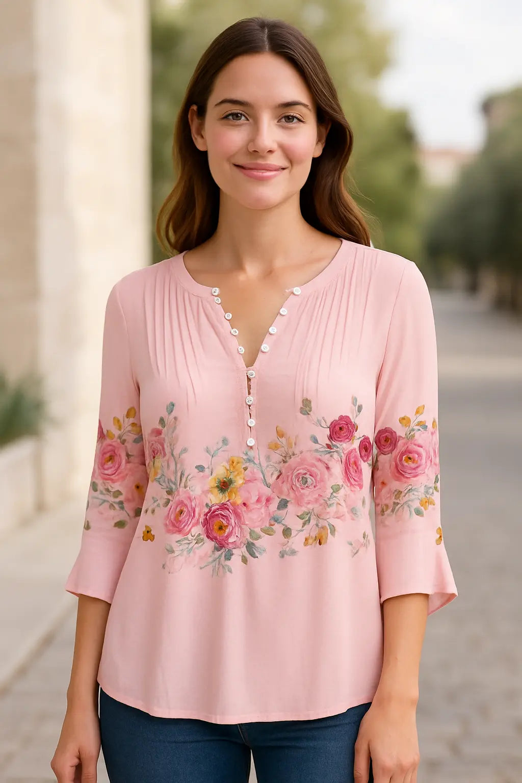 Dames Bloemen V-Hals Blouse, Korte Mouw Knoopdetail Zomer T-Shirt | VIQA VIQA© NEDERLAND