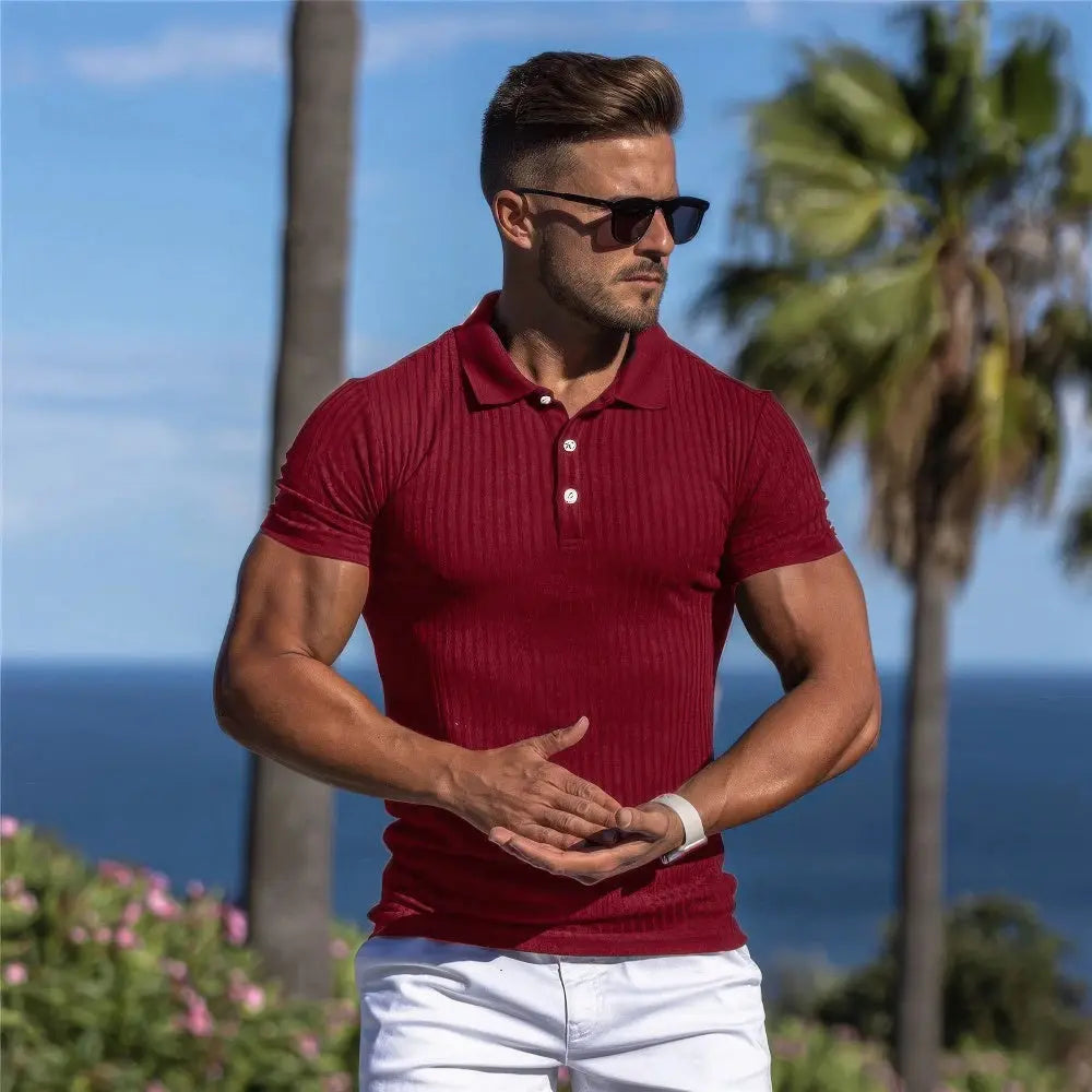 Heren Fitness Polo Met Effen Streep VIQA© NEDERLANDRood-3XL