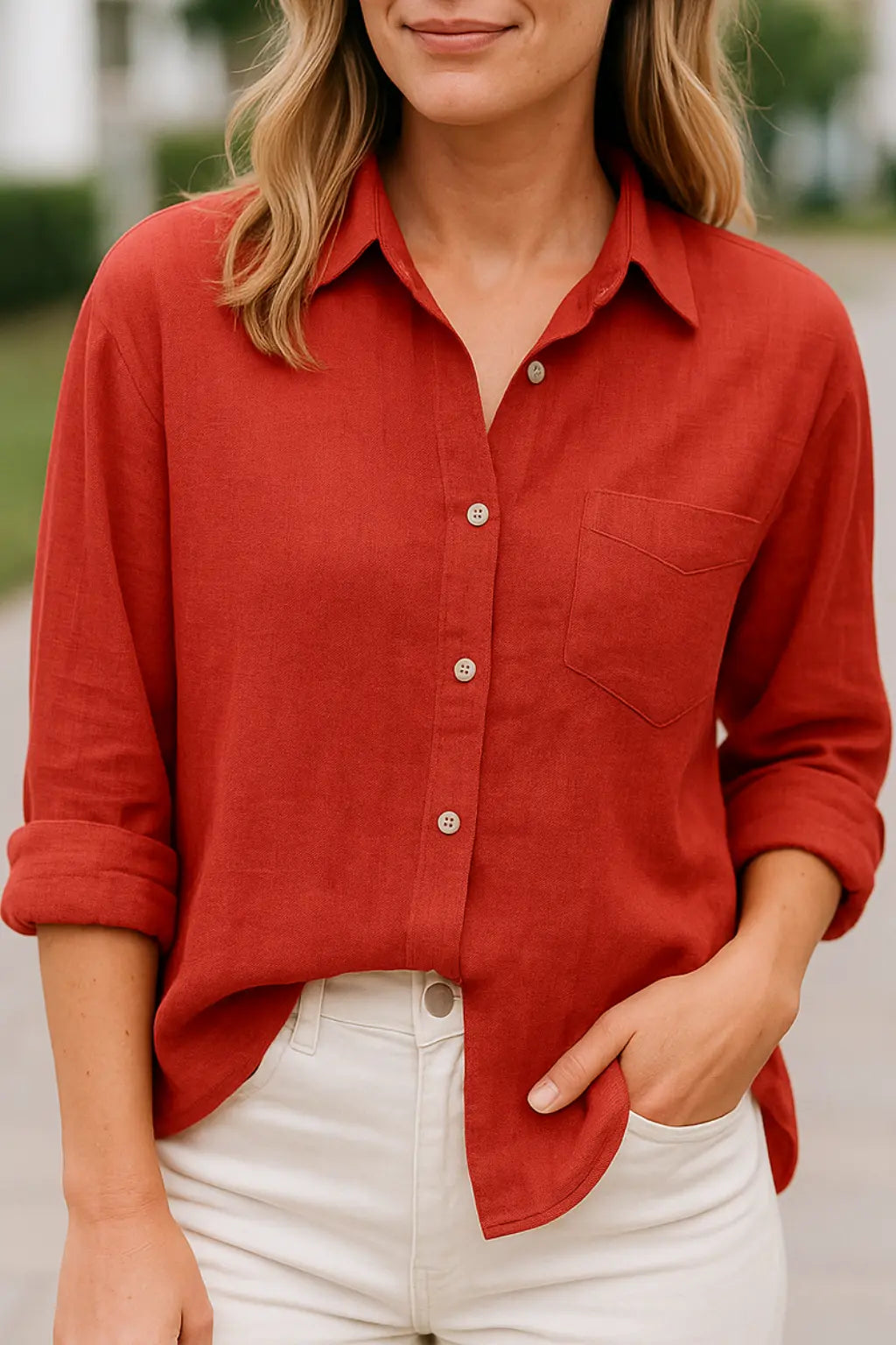 Dames Linnen Lange Mouw Shirt, Elegant Effen Kleur Casual T-Shirt Overhemd | VIQA VIQA© NEDERLANDRood / 2XL