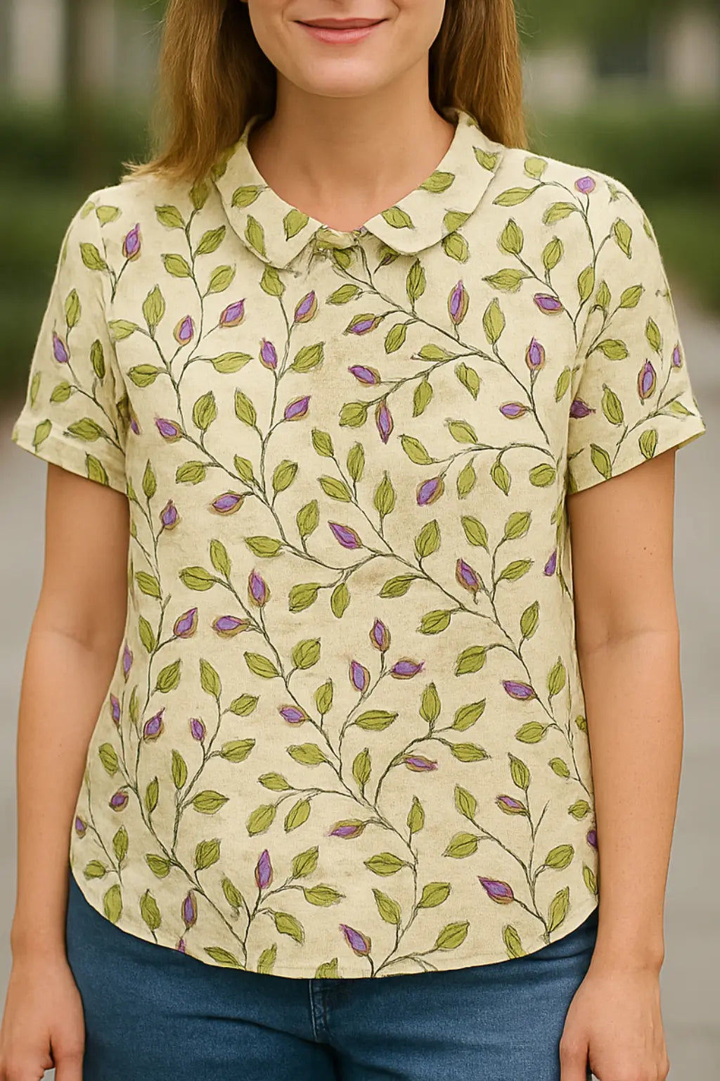 Dames Linnen Bloemen Shirt, Lichtgewicht Korte Mouw Kap Blouse Met Print, Casual Top | VIQA VIQA© NEDERLANDBeige-Bladeren / 2XL