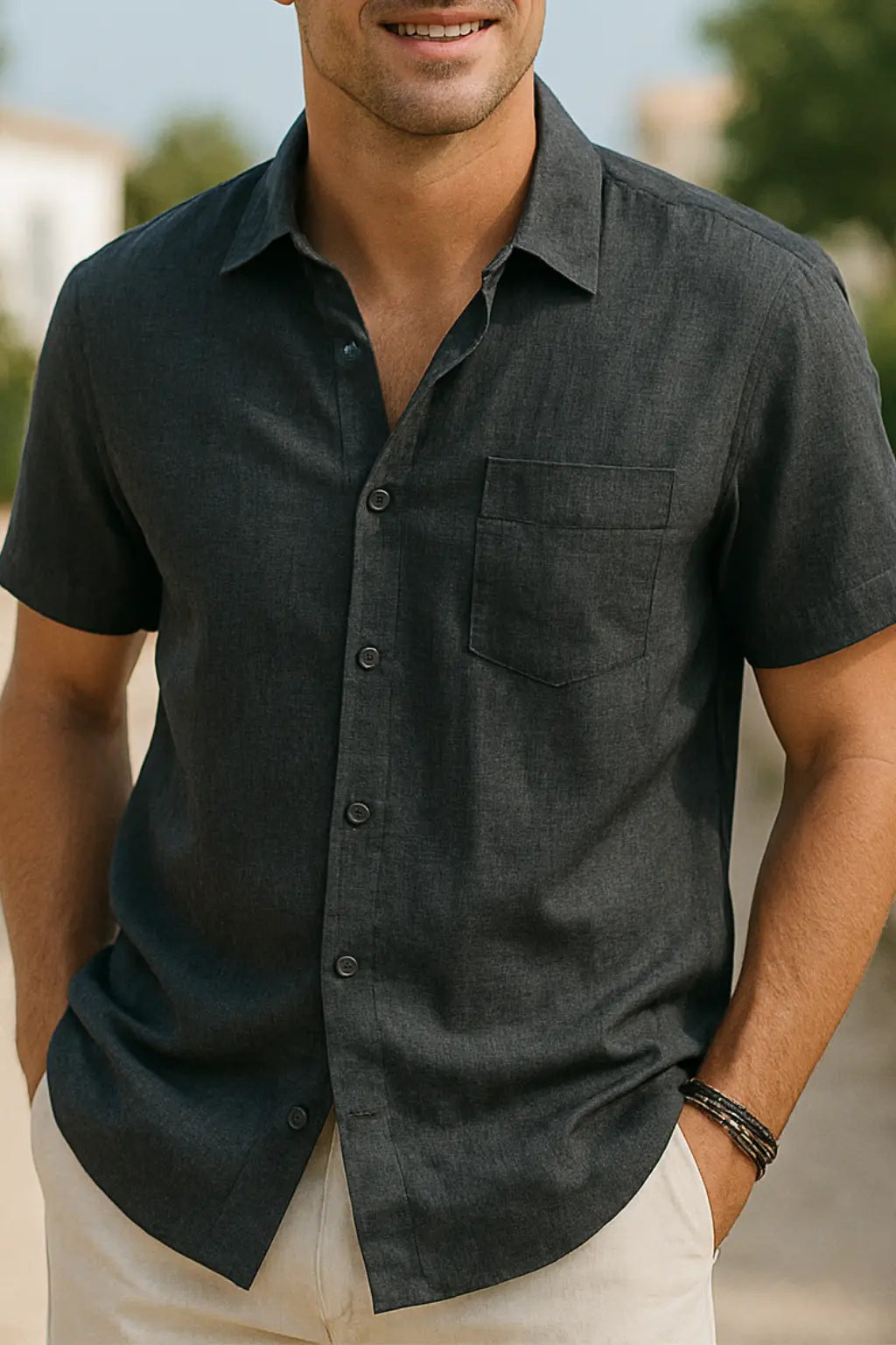 Heren Katoen Korte Mouw Shirt, Zomer Casual Effen Kleur Top | VIQA VIQA© NEDERLANDGrijs / 2XL