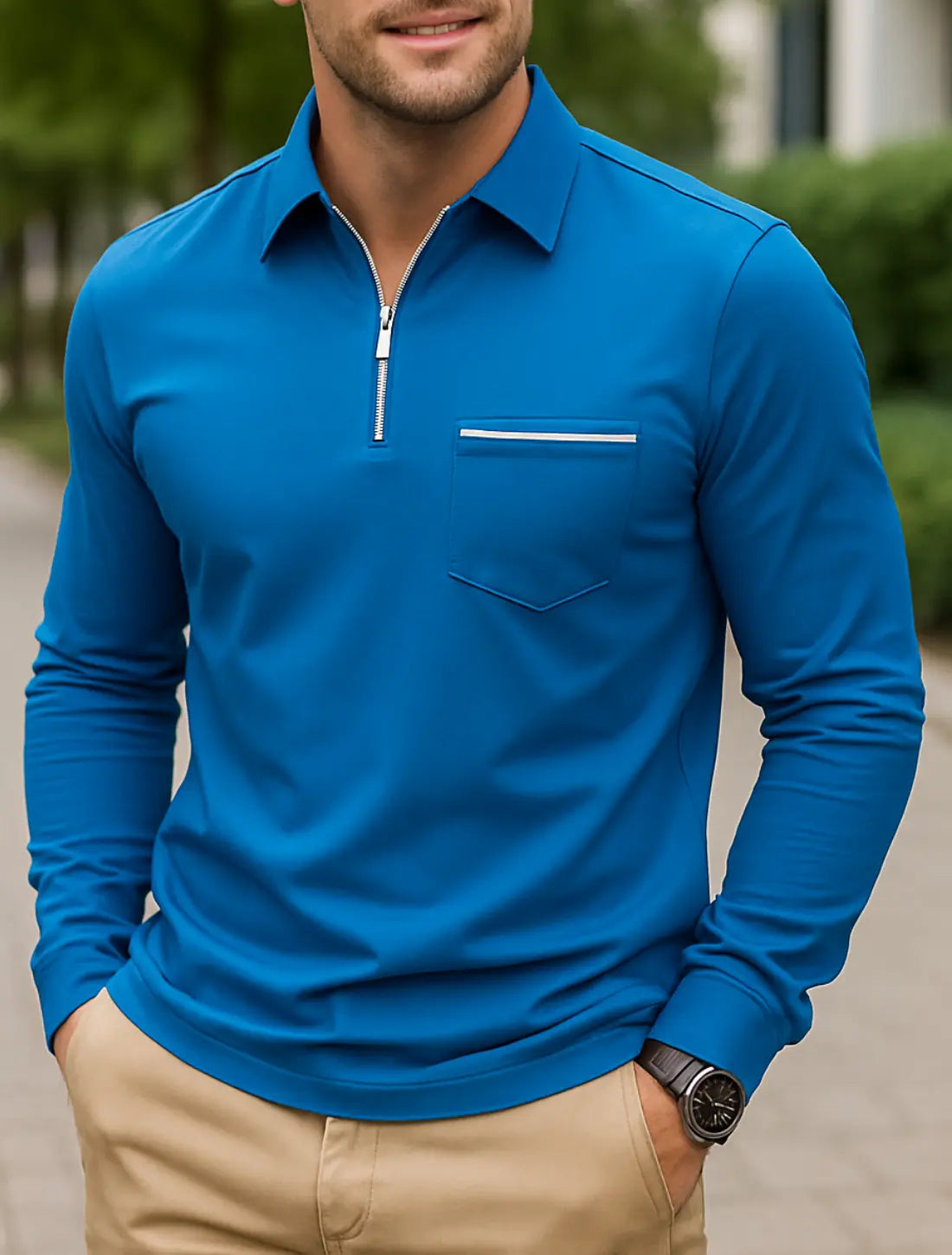 Heren Lange Mouwen Poloshirt, Hoge Kwaliteit Business Casual Kap Met Zak, Lente Herfst Slijtage | VIQA VIQA© NEDERLANDBlauw / 2XL