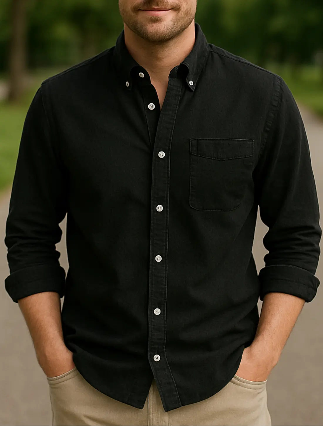 Heren Overhemd Met Lange Mouwen En Kapsel, Effen Kleur Knop-Omhoog Casual Kantoor Vest Stijl Top | VIQA VIQA© NEDERLANDZwart / 2XL