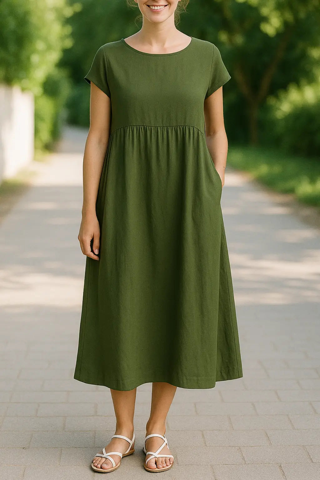 Dames Midi Jurk, Elegante Effen Kleur Met Korte Mouwen, O-Hals En Zakken | VIQA VIQA© NEDERLANDGroen / 2XL