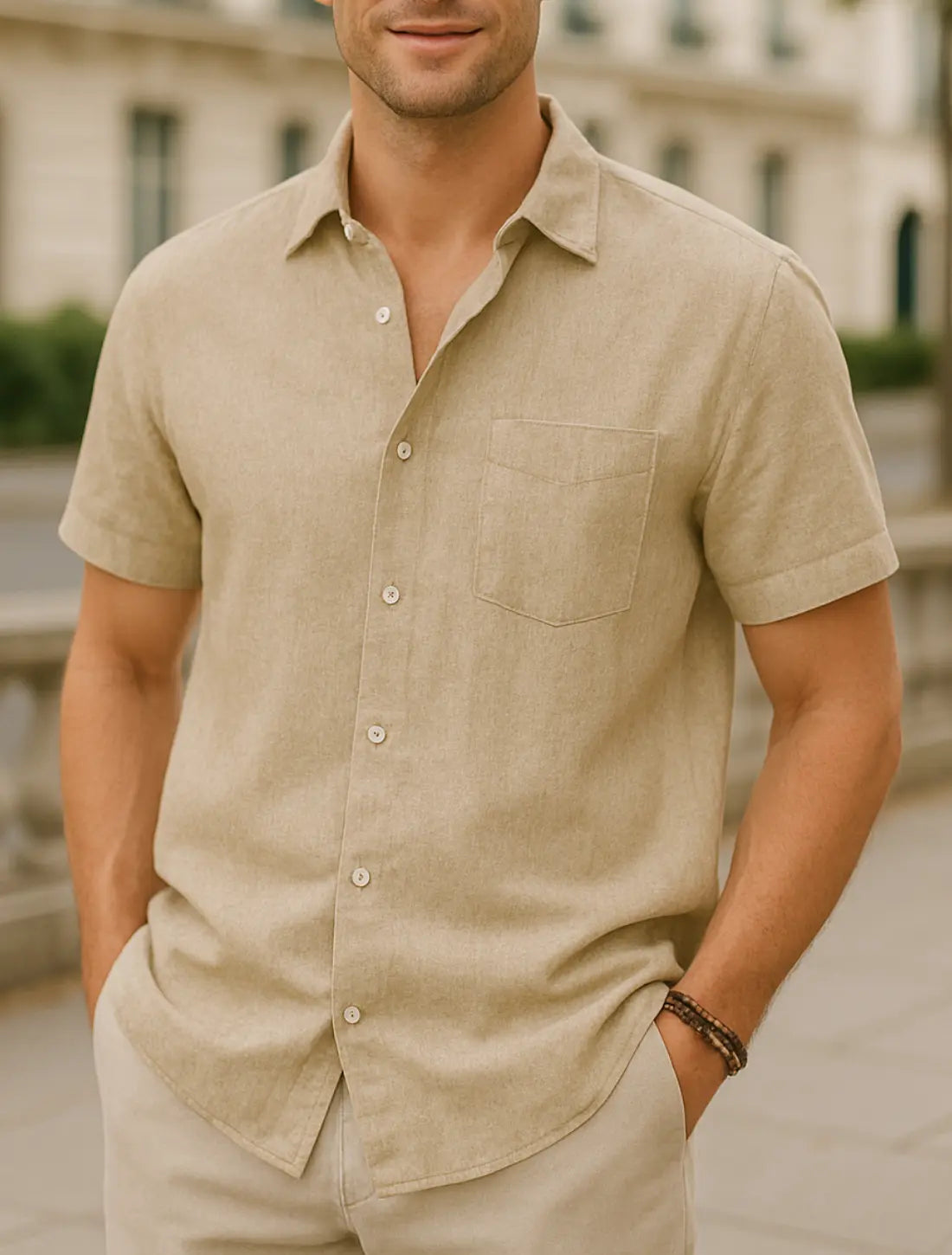 Heren Katoenen Linnen Shirt Met Korte Mouwen, Zomerse Casual Strandkleding, Effen Kleur Gedraaide Kraag | VIQA VIQA© NEDERLANDKaki / 2XL