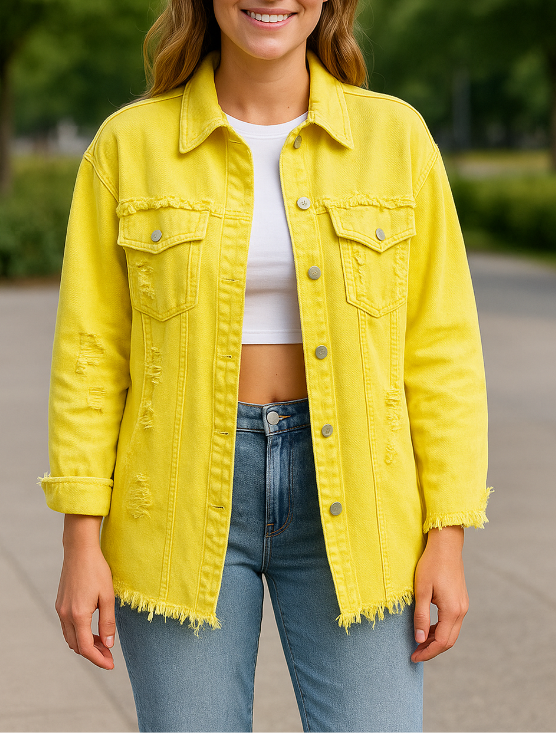 Spijkerjasje Voor Dames, Los Casual Jeancoat Met Onafgewerkte Randen En Distressed Gaten | VIQA VIQA© NEDERLAND