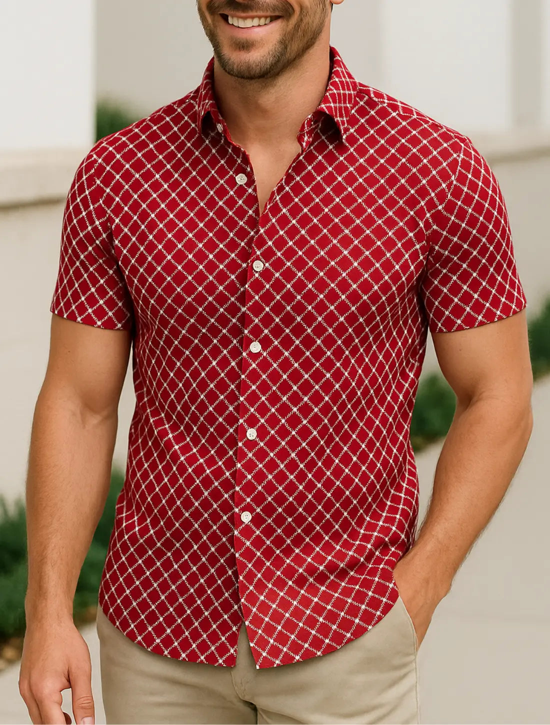 Heren Zomer Geruit Shirt, Korte Mouwen Casual Knop Omhoog, Lichtgewicht Mode Top | VIQA VIQA© NEDERLANDRood-2XL