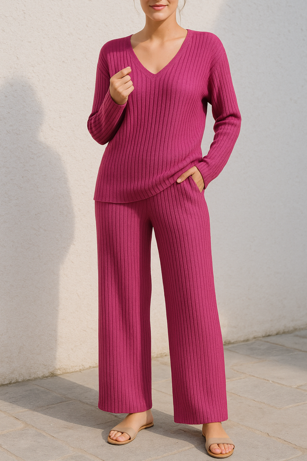 Dames Tweedelige Set, V-hals Geribde Loungewear Met Broek, Herfst Casual Effen Outfit | VIQA VIQA© NEDERLAND