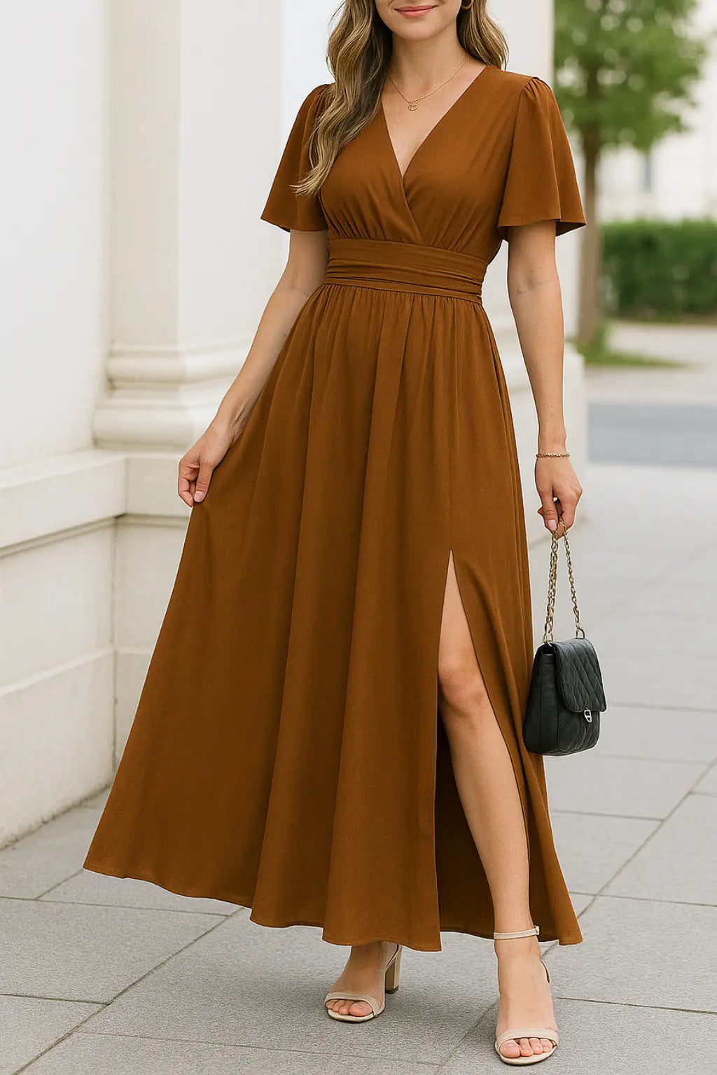 Dames Elegante V-hals Maxi Jurk, Zomer Korte Mouwen Hoge Taille Slank Fit Casual Jurk| VIQA VIQA© NEDERLANDBruin / 2XL