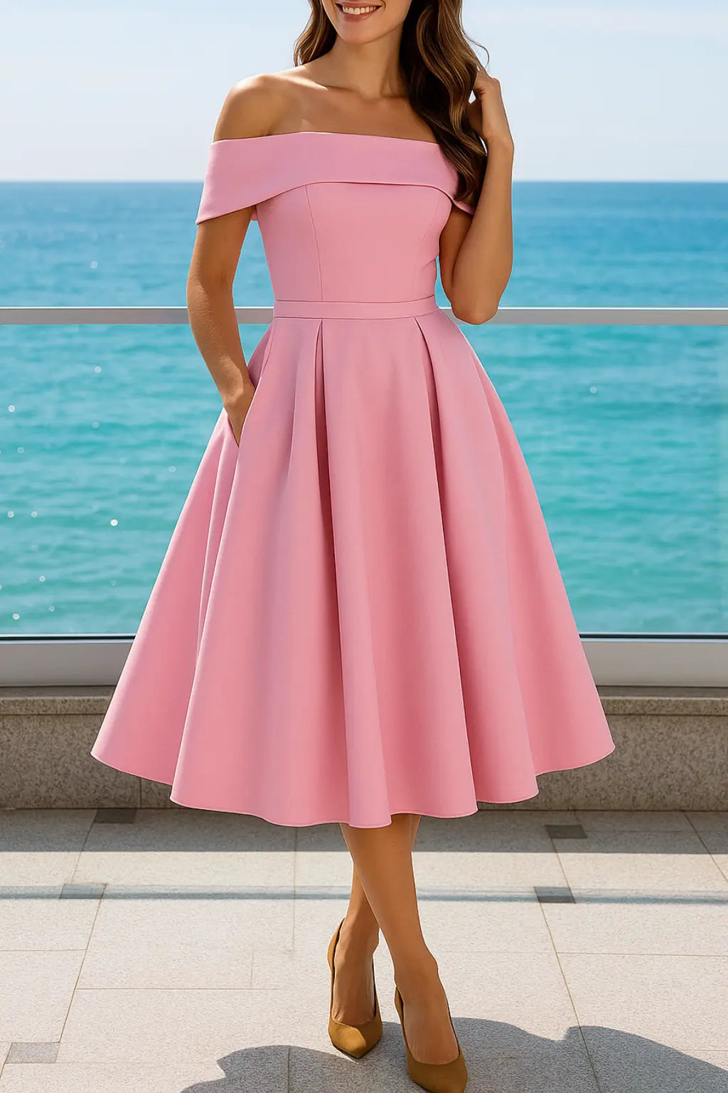 Dames Off-Shouder Satijn Gala Jurk, Maxi Jurk Met Zakken En Kant Op De Rug | VIQA VIQA© NEDERLANDRoze-XL