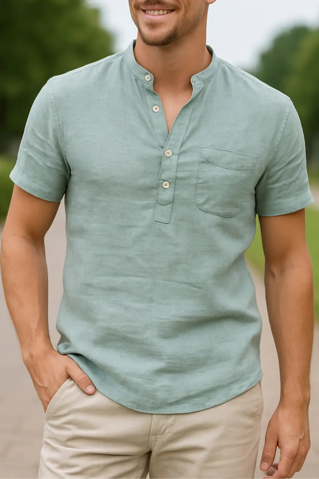 Heren Linnen Katoenen Henley Shirt, Korte Mouw Effen Kleur Strandkleding, Casual Street Style | VIQA VIQA© NEDERLANDBlauw-2XL