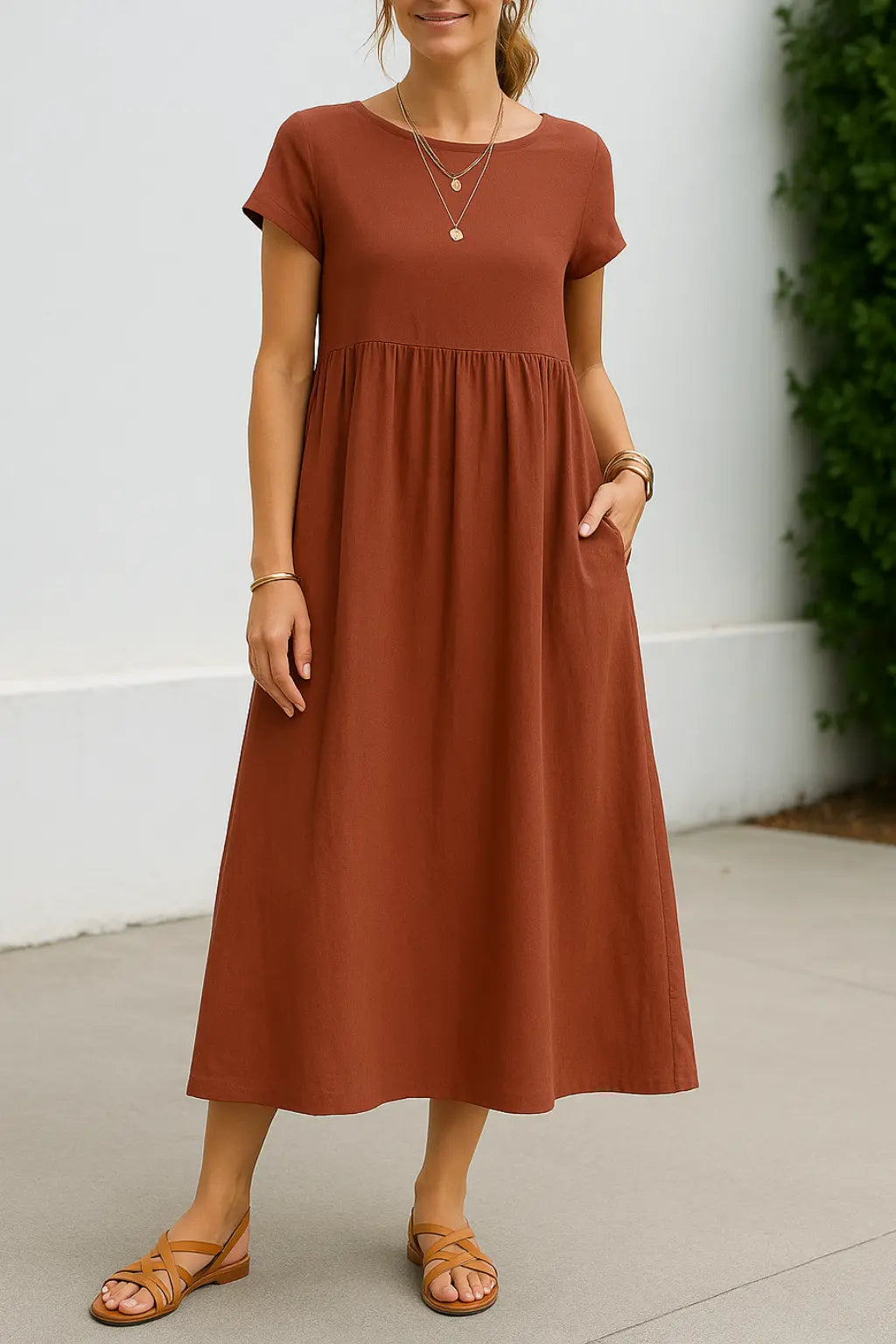 Dames Maxi Jurk, Elegante Korte Mouwen Zomer Lange Jurk Met Zakken | VIQA VIQA© NEDERLANDBruin / 2XL