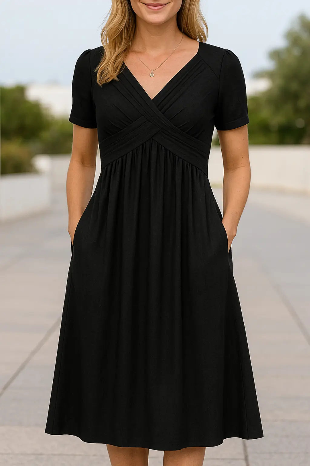 Dames Zomer V-Hals Midi Jurk, Effen Kleur Casual Korte Mouwen Midi Lengte Outfit | VIQA VIQA© NEDERLANDZwart / 2XL