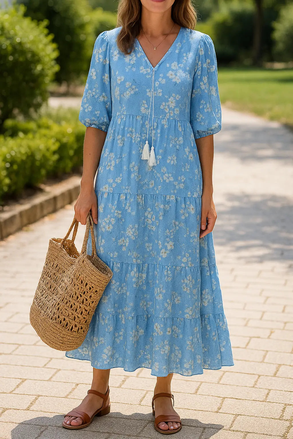 Dames Zomerjurk Met Bloemen V-Hals, Casual Boho Vakantiejurk Met Korte Mouwen En Kwastjes | VIQA VIQA© NEDERLANDBlauw / 2XL