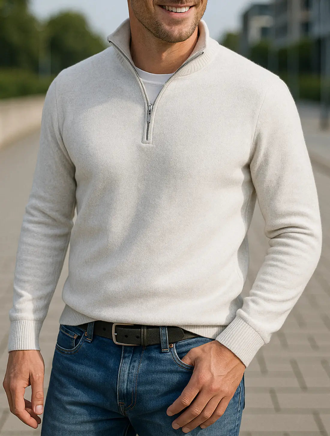 Heren Winter Trui, Halve Rits V-Hals Sweater, Effen Kleur Slim Pasvorm Lange Mouwen Sweatshirt | VIQA VIQA© NEDERLANDWit / 2XL