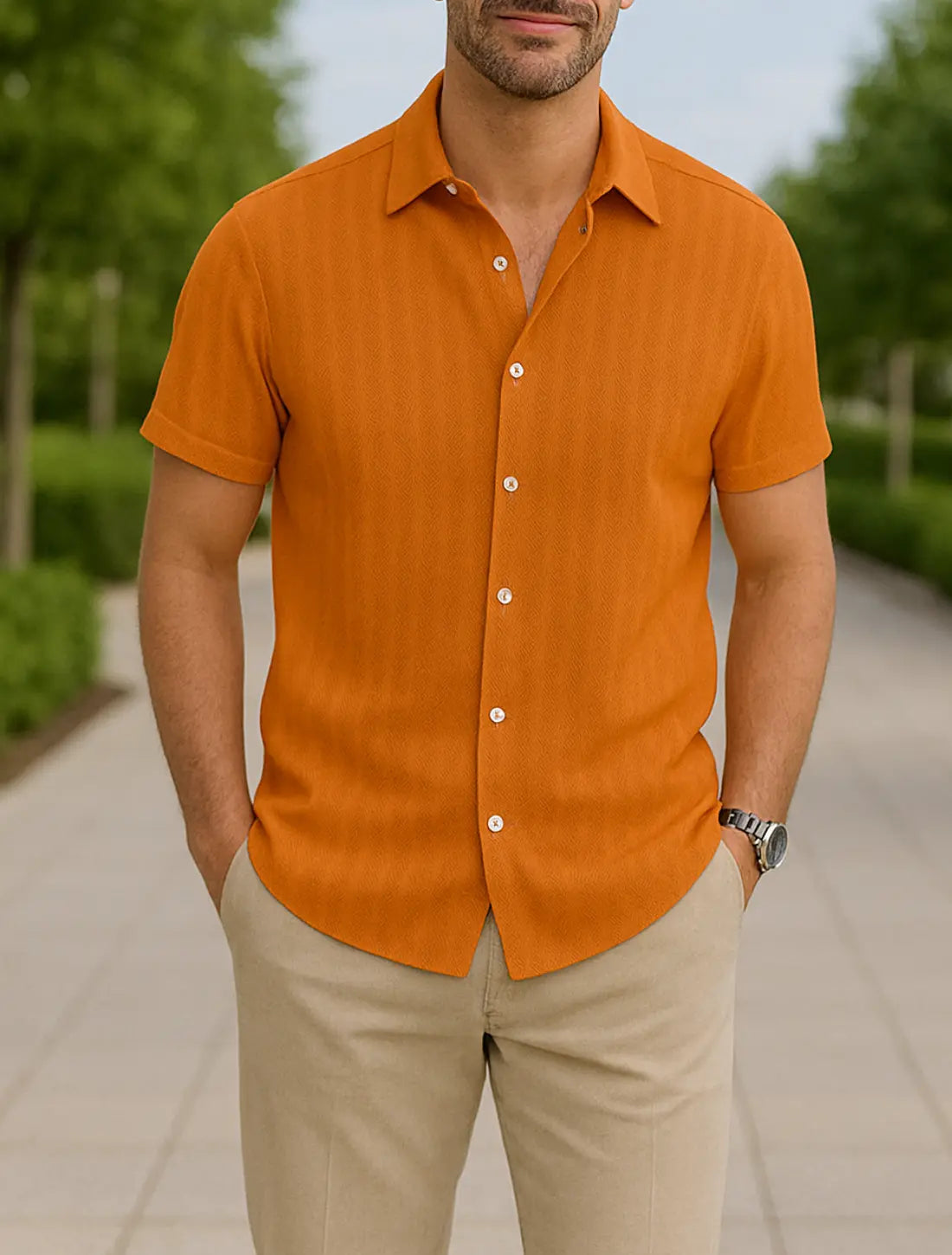 Heren Gestreept Shirt, Korte Mouwen, Losse Pasvorm, Casual Veelkleurige Zomertop | VIQA VIQA© NEDERLANDOranje-2XL