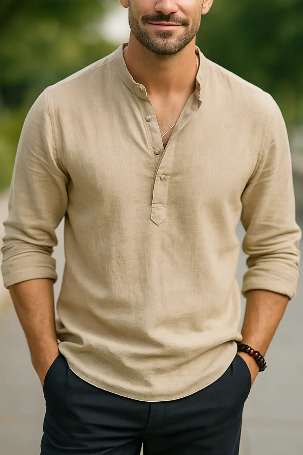 Heren Linnen Shirt Met Lange Mouwen, Ademende Casual Katoen Mix Effen Kleur Top | VIQA VIQA© NEDERLANDKaki / 2XL