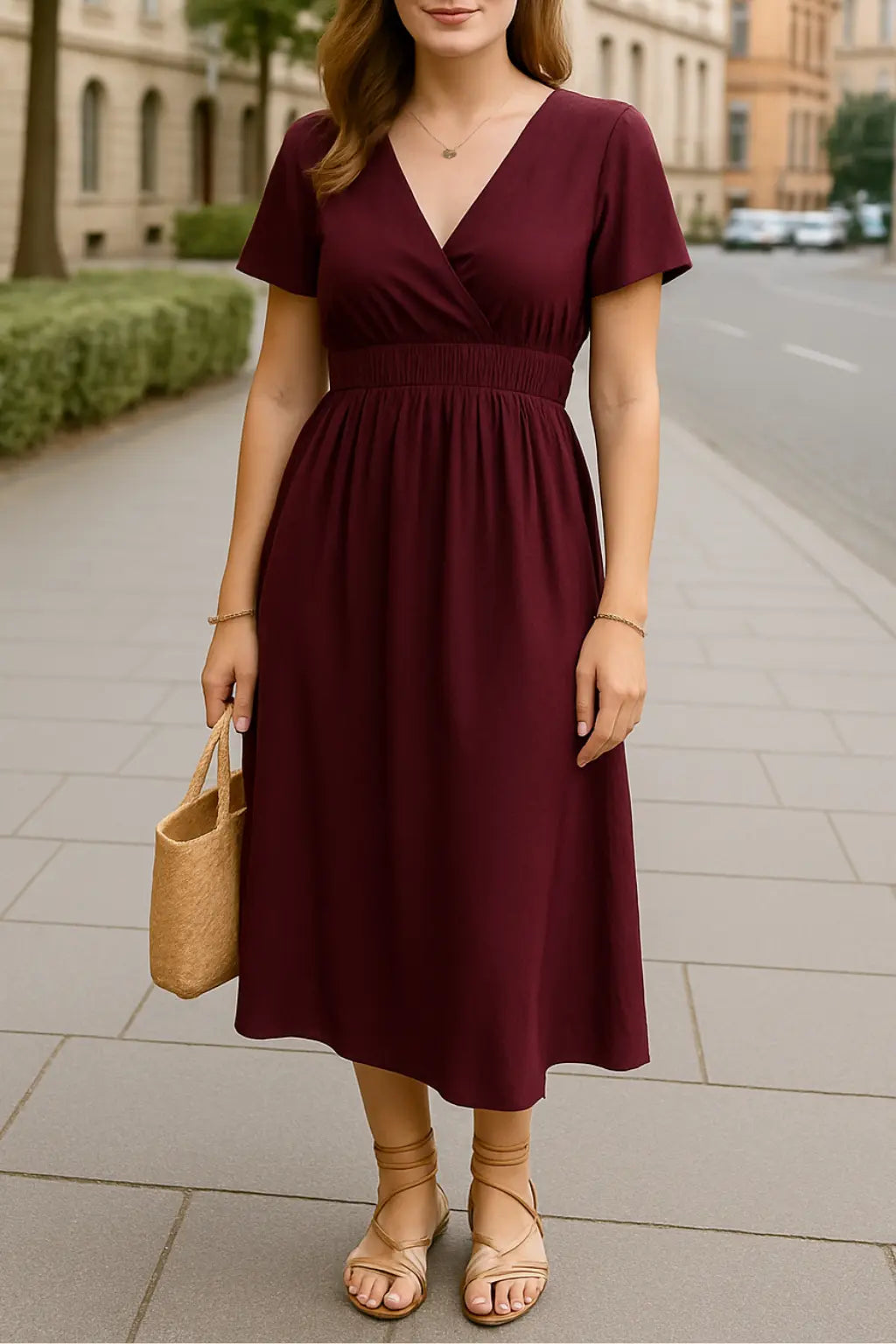 Dames Elegante Maxi Jurk, V-Hals Korte Mouw Effen Zomer Lange Strand Jurk | VIQA VIQA© NEDERLANDRood / 2XL