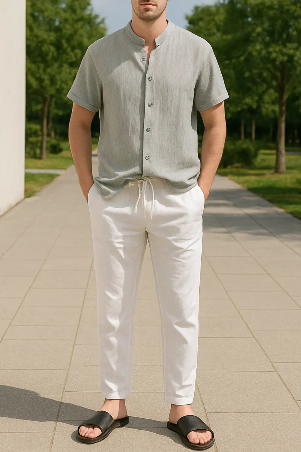 Heren Zomer Tweedelige Set, Katoen-Linnen Shirt Met V-hals En Lange Mouwen En Broek Met Trekkoord, Casual Outfit | VIQA VIQA© NEDERLANDGrijs-2XL