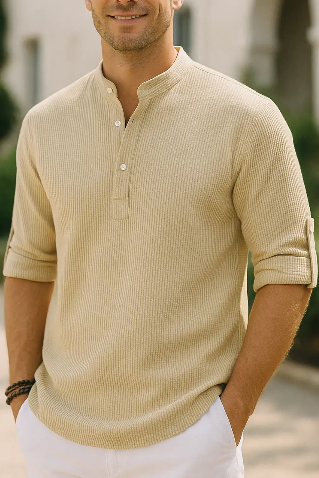 Heren Katoenen Linnen Overhemd, Lange Mouwen Effen Kleur Casual Strand Top Met Staande Kraag | VIQA VIQA© NEDERLANDKaki / 2XL